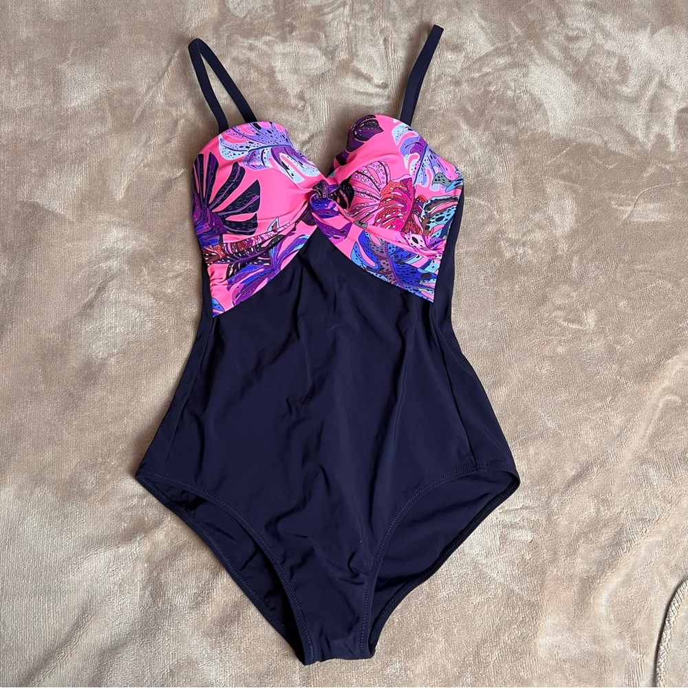 ANITA NWOT 'Ivana' Full Coverage Black and Pink One Piece Swimsuit - Size 34C